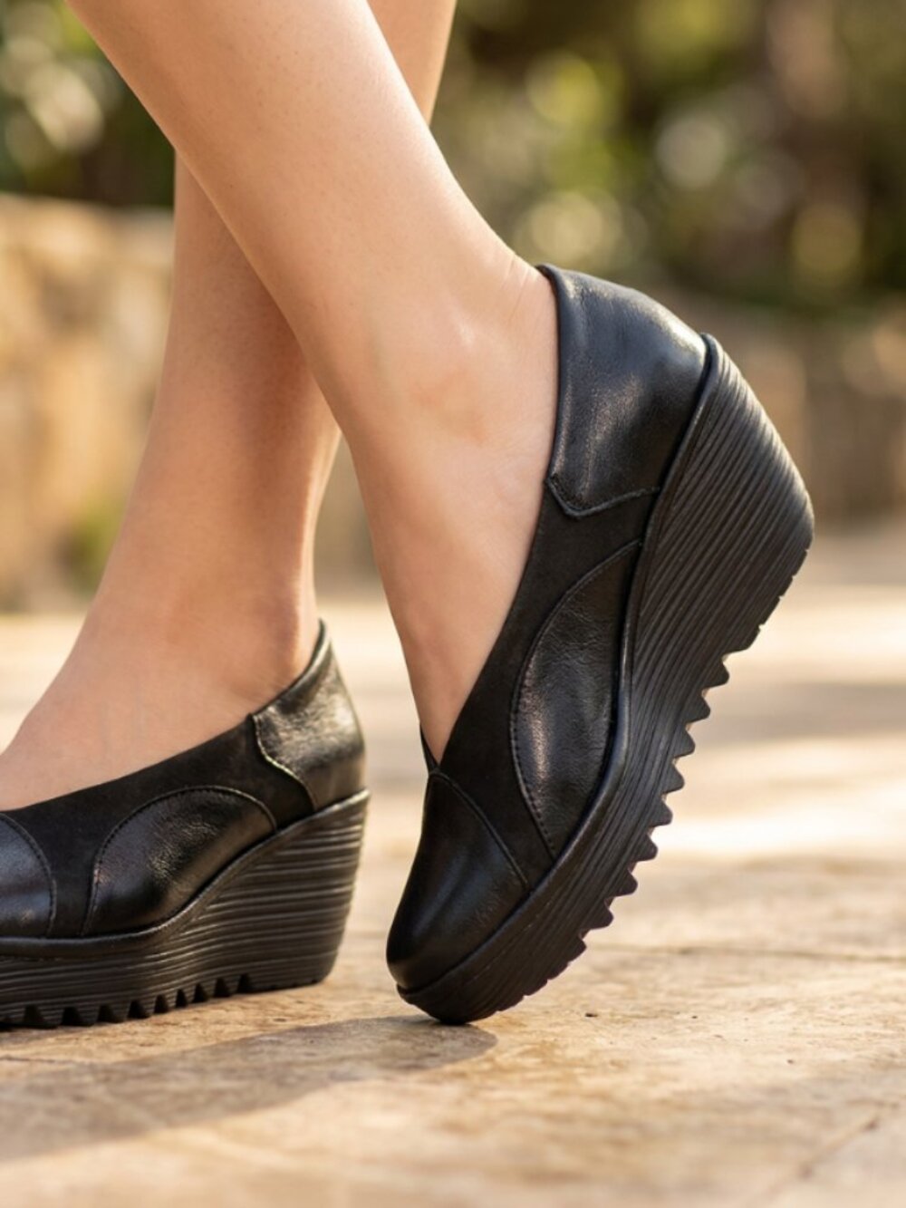 Fly London Yani Black Leather Suede Wedge Shoes